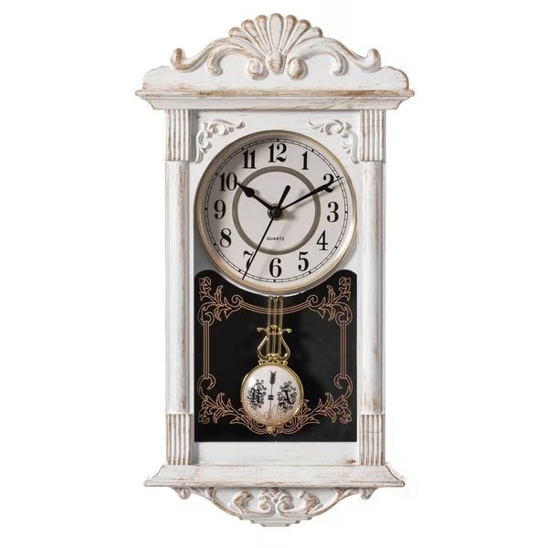 Vintage Grandfather Wood- Looking Plastic Pendulum Wall Clock for Living, Kitchen, or Dining, White, Quickway Imports, Mfr#: QI004145.WT