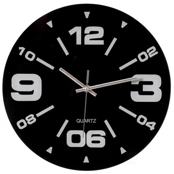Black Decorative Unique Modern Round Glass Wall Clock, for Living Room, Kitchen, Dining or Bedroom, Quickway Imports, Mfr#: QI004148