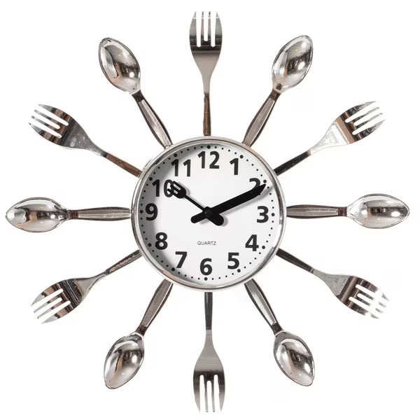 Decorative 3D Cutlery Utensil Spoon and Fork Wall Clock for Kitchen, Playroom or Bedroom, Silver, Quickway Imports, Mfr#: QI004149.SI