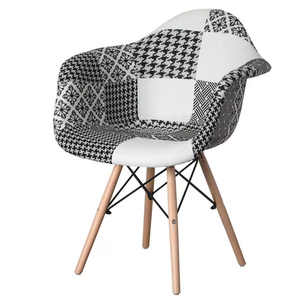 Mid-Century Modern Style Fabric Lined Armchair with Beech Wooden Legs, Black and White, Fabulaxe, Mfr#: QI004325.BW