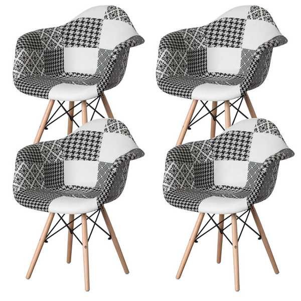 Mid-Century Modern Style Fabric Lined Armchair with Beech Wooden Legs, Black and White, PK 4, Fabulaxe, Mfr#: QI004325.BW.4