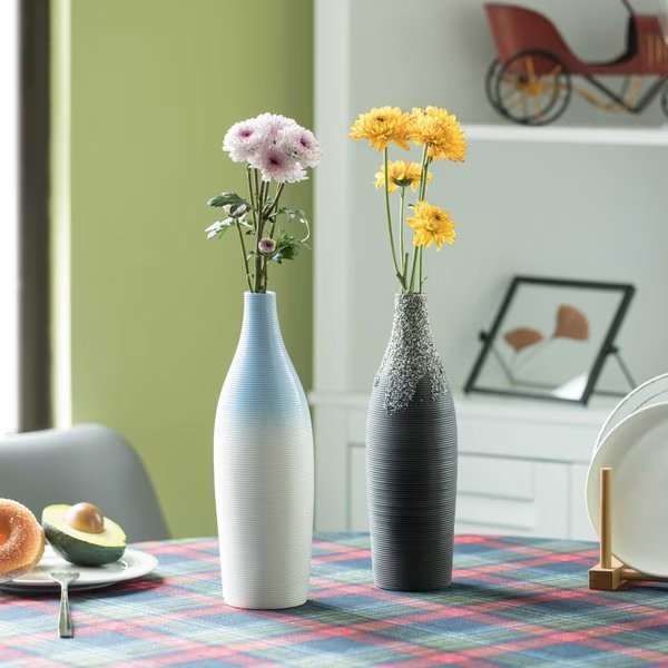 Modern Decorative Ceramic Table Vase Ripped Design Bottle Shape Flower Holder, PK 2, Uniquewise, Mfr#: QI004356.2