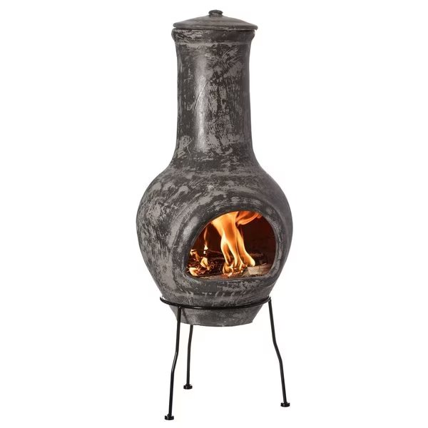 Outdoor Stoney Grey Clay Chimenea Scribbled Design Fire Pit with Metal Stand, Vintiquewise, Mfr#: QI004352