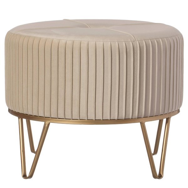 Round Velvet Ottoman Stool Raised with Hairpin Gold Base, Cream, Medium, Fabulaxe, Mfr#: QI004324.CM.M