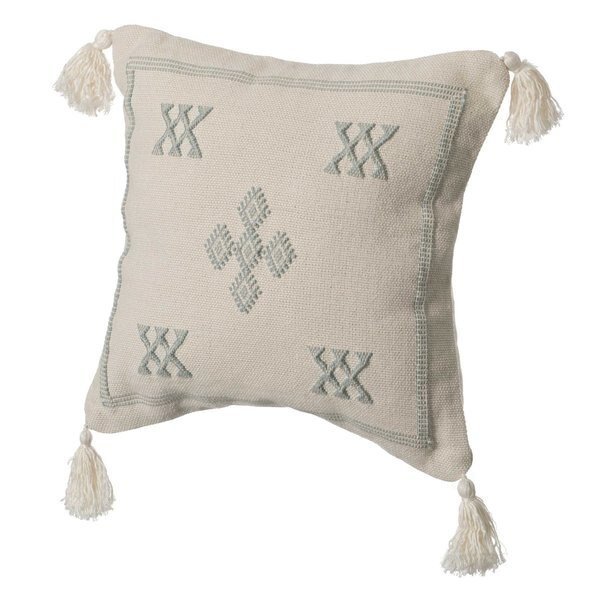 16" Throw Pillow Cover with Southwest Tribal Pattern and Corner Tassels with Filler, Grey & White, Deerlux, Mfr#: QI004298.GY.K