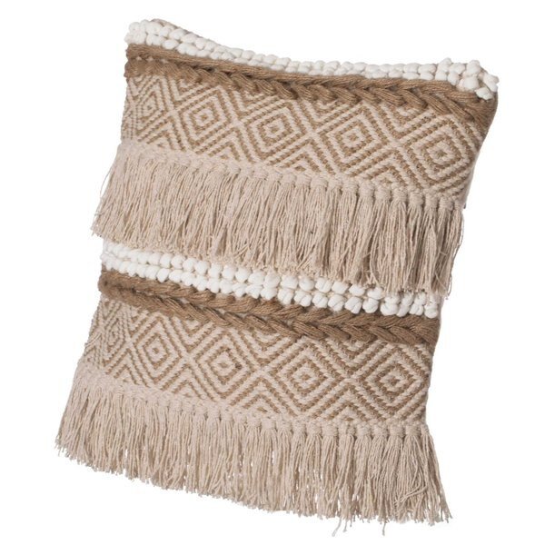 16" Cotton Throw Pillow Cover with Embossed White Dots and Natural Fringed Pattern with Filler, Deerlux, Mfr#: QI004301.NC.K