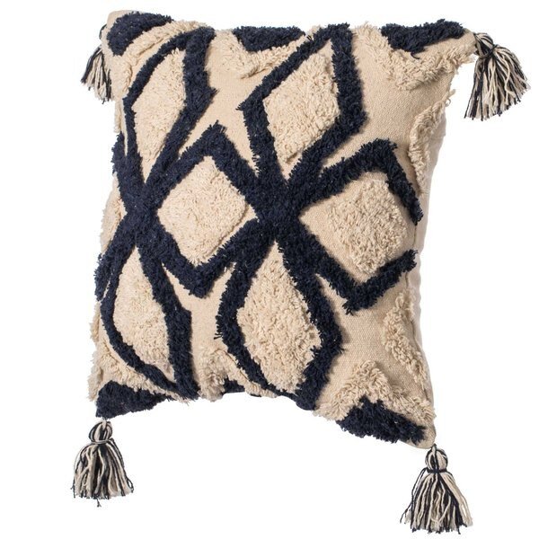 16" Cotton Throw Pillow Cover with Tufted Blue & White Geometric Pattern and Corner Tassels, Deerlux, Mfr#: QI004306.GC