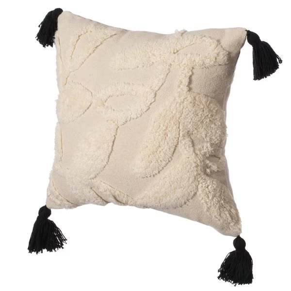 16" Cotton Throw Pillow Cover with White Tufted Stem Pattern and Black Tassel Corners with Filler, Deerlux, Mfr#: QI004307.ST.K