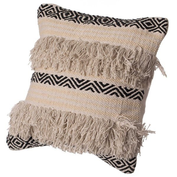 16" Handwoven Cotton Throw Pillow Cover with Boho Design and Fringed Lines with Filler, Natural, Deerlux, Mfr#: QI004308.K