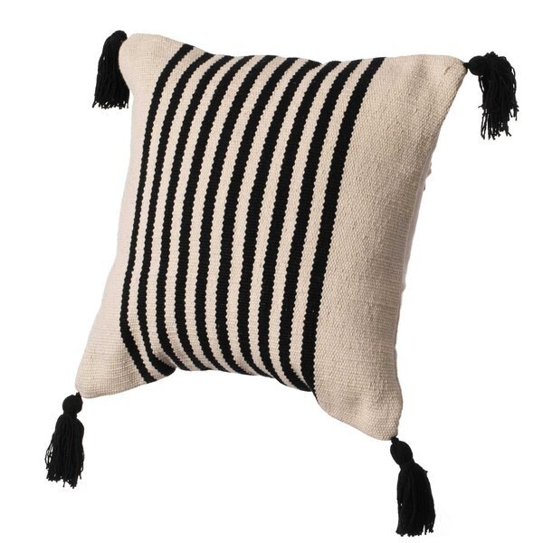 16" Handwoven Cotton Throw Pillow Cover with Striped Lines with Filler, Black, Deerlux, Mfr#: QI004310.BK.K