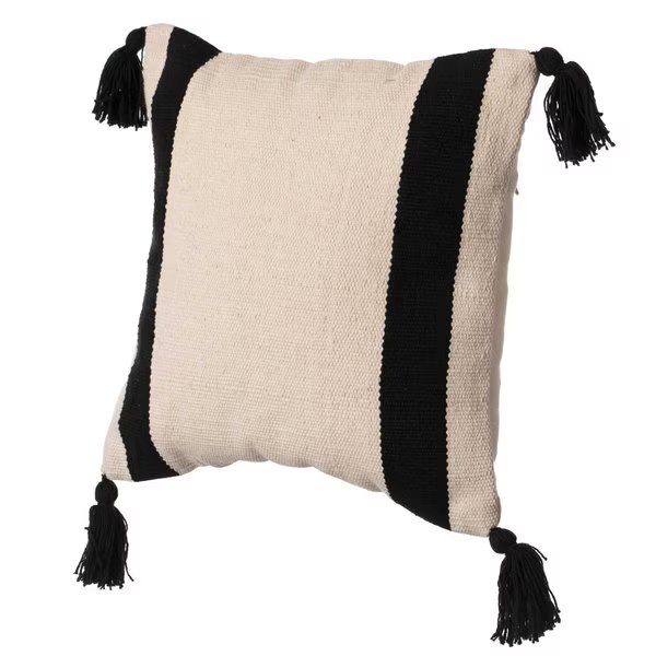 16" Handwoven Cotton Throw Pillow Cover with Side Stripes with Filler, Black, Deerlux, Mfr#: QI004311.BK.K