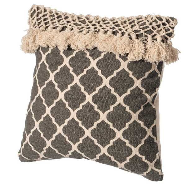 16" Handwoven Cotton Throw Pillow Cover with Ogee Pattern and Tasseled Top, Charcoal, Deerlux, Mfr#: QI004313.CH