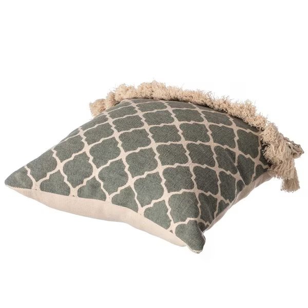 16" Handwoven Cotton Throw Pillow Cover with Ogee Pattern and Tasseled Top with Filler, Green, Deerlux, Mfr#: QI004313.GN.K