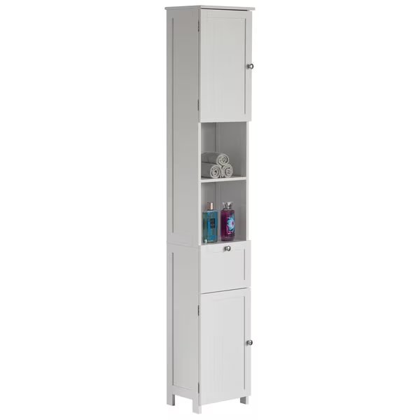 White Tall Standing Bathroom Linen Tower Storage Cabinet for Bathroom and Vanity, Basicwise, Mfr#: QI004021.WT