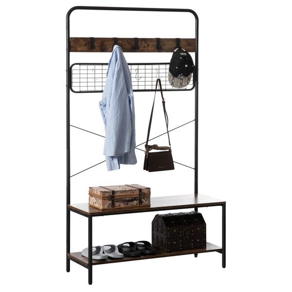Vintage Brown Coat Rack Hall Tree with Storage for Entryway With 10 Hooks and Storage, Basicwise, Mfr#: QI004377