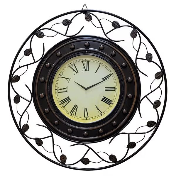 Vintage Roman Numerical Wall Clock with Black Metal Leaf Design Frame, for Dining, Living Room, Quickway Imports, Mfr#: QI004254