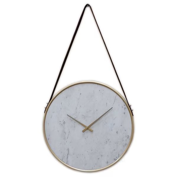 Metal Wall Clock Marble Look Face, Gold Rim and Handles with Hanging Band, for Dining, Living Room, Quickway Imports, Mfr#: QI004256