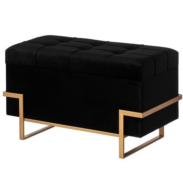 Velvet Storage Ottoman Stool Box with Abstract Golden Legs - Decorative Sitting Bench, Black Large, Fabulaxe, Mfr#: QI003939.BK.L