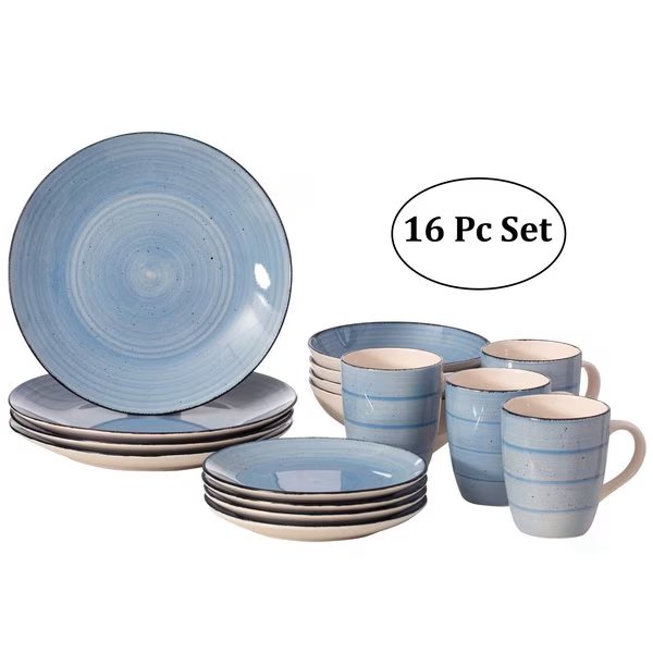 16 PC Spin Wash Dinnerware Dish Set for 4- Mugs, Salad and Dinner Plates and Bowls Sets, Blue, Quickway Imports, Mfr#: QI004502.BL