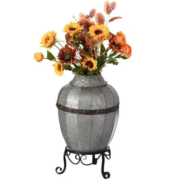Rustic Silver Galvanized Barrel Shape Planter and Vase with Metal Stand, Vintiquewise, Mfr#: QI004437