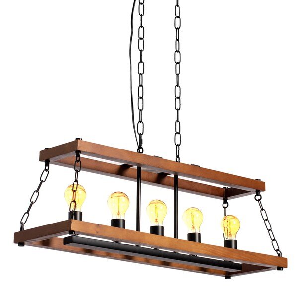 Vintage Style Wooden Rectangle 5 Bulb Ceiling Hanging Light Fixture, Brown Decorative Chandelier, Quickway Imports, Mfr#: QI004570.5