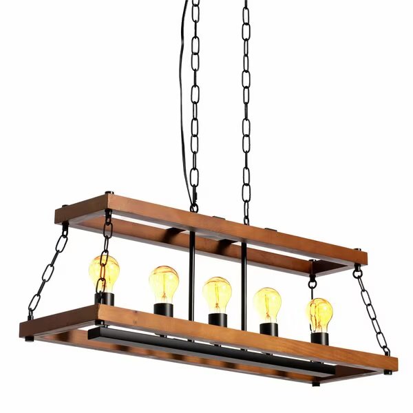 Vintage Style Wooden Rectangle 5 Bulb Ceiling Hanging Light Fixture, Brown Decorative Chandelier, Quickway Imports, Mfr#: QI004570.5