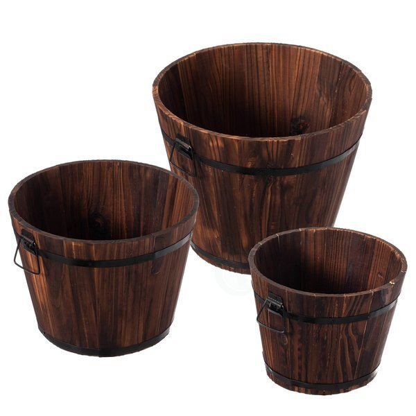 Rustic Wooden Whiskey Barrel Planter with Durable Medal Handles and Drainage Hole - Set of 3, Gardenised, Mfr#: QI003236.3