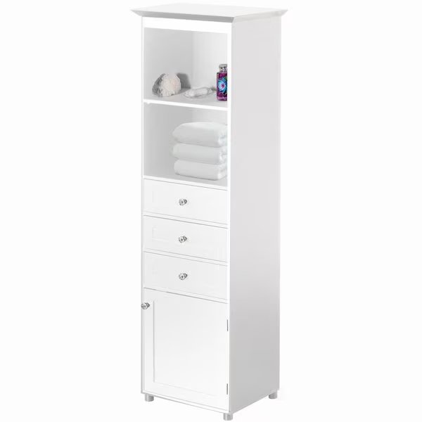 Tall Freestanding Linen Tower, Bathroom Cabinet with 2 Open shelves, 3 Drawers, and a Closet, White, Basicwise, Mfr#: QI004611.WT