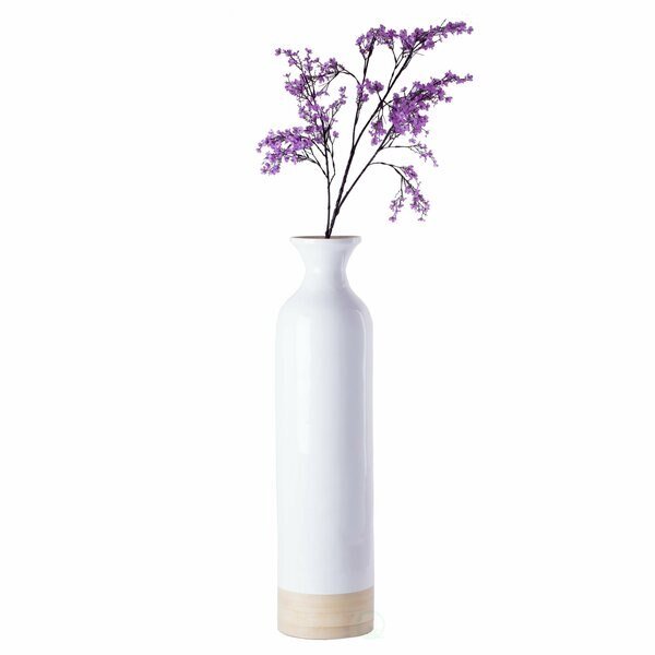 Cylinder Shaped Tall Spun Bamboo Floor Vase Glossy White Lacquer and Natural Bamboo Finish, Large, Uniquewise, Mfr#: QI003455WN.L