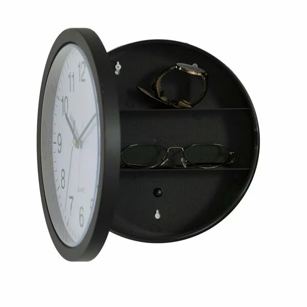Black Wall Mounted Plastic Clock with Hidden Storage Door - Interior Compartment - 10 Inch Dia, Quickway Imports, Mfr#: QI004150