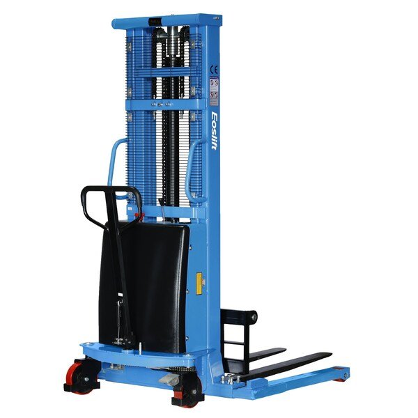 Heavy Duty Industrial Grade S15J Adjustable Base Leg Electric Lift Straddle Pallet Truck Stacker 3300 lbs. 118.1 in. lifting height with Adjustable Forks, Eoslift, Mfr#: S15J