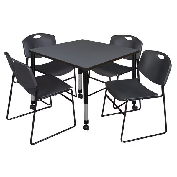 Tables > Height Adjustable > Square Mobile Table & Chair Sets, 42 W X 42 L X 23-34 H, Grey, Regency, Mfr#: TB4242GYAPCBK44BK