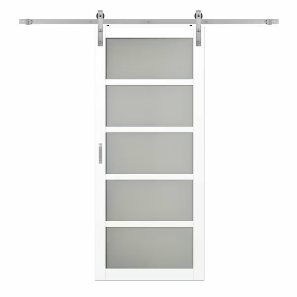 36 in. x 84 in. Easy Build 5-Lite Frosted Glass Barn Door with Hardware Kit, Renin, Mfr#: BD062K01BW5TGE36084