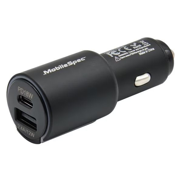 Dual Charger USB-C/18W / 2.4A/12W, 12V/D, Mobilespec, Mfr#: MB01402