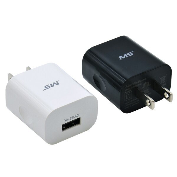 AC Single 2.4A (12W) USB Chargers PDQ Black & White, Mobilespec, Mfr#: MBS01198Q