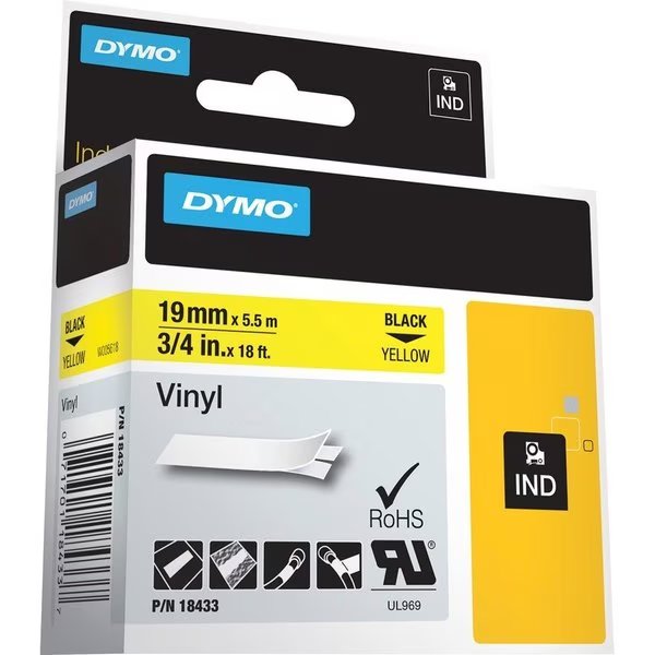 Tape, Ind, Vnyl, 3/4""-Bk/Yw, Dymo, Mfr#: DYM18433