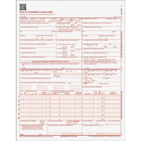 CMS 1500 Claim Form, Laser, 20 lb, 8-1/2"x11", 250/PK, 8PK, WE 250PK, Tops, Mfr#: TOP50135RV