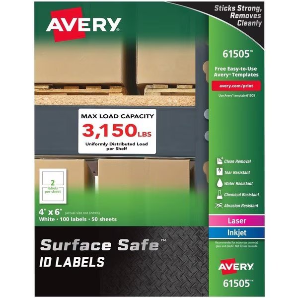 Label, Srfsafe, Rem, Wht, 100Pk, Avery, Mfr#: AVE61505