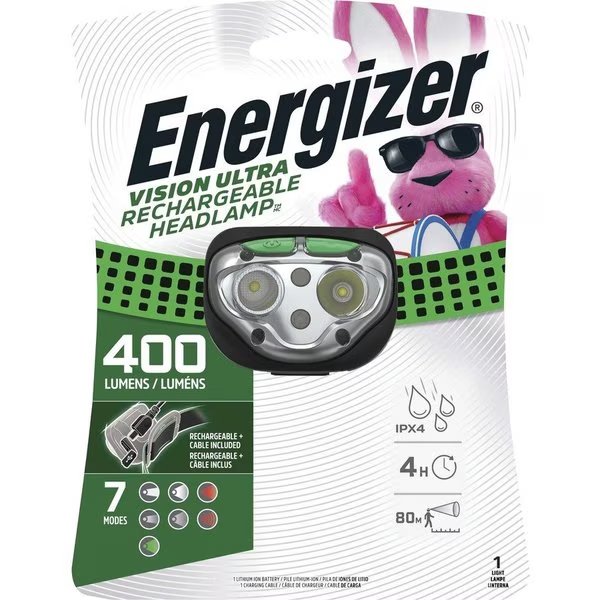 Headlamp, LED, Rechargeable, 400 Lumens, 80m, Black, Energizer, Mfr#: EVEENHDFRLP