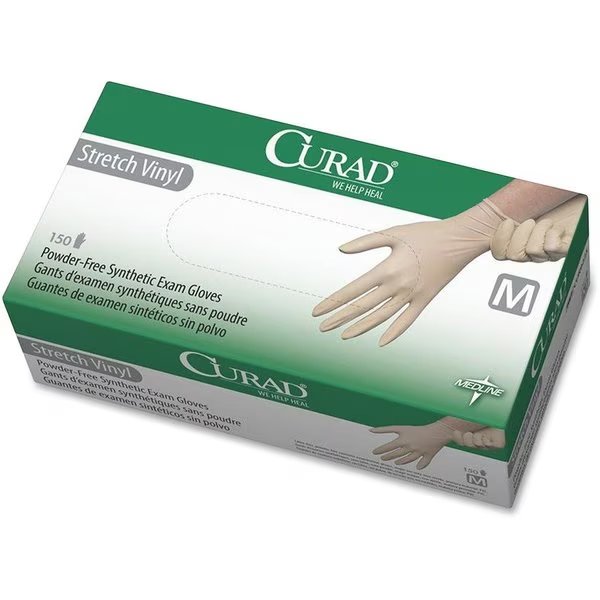 Vinyl Disposable Gloves, 5.1 mil Palm, Stretch Vinyl, Powder-Free, M, 150 PK, Cream, Medline, Mfr#: MII6CUR9225