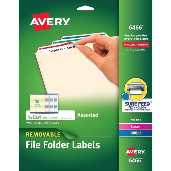 Filing Labels, Laser/Inkjet, Removable, 2/3"x3-7/16", 750/PK, Ast PK, Avery, Mfr#: AVE6466
