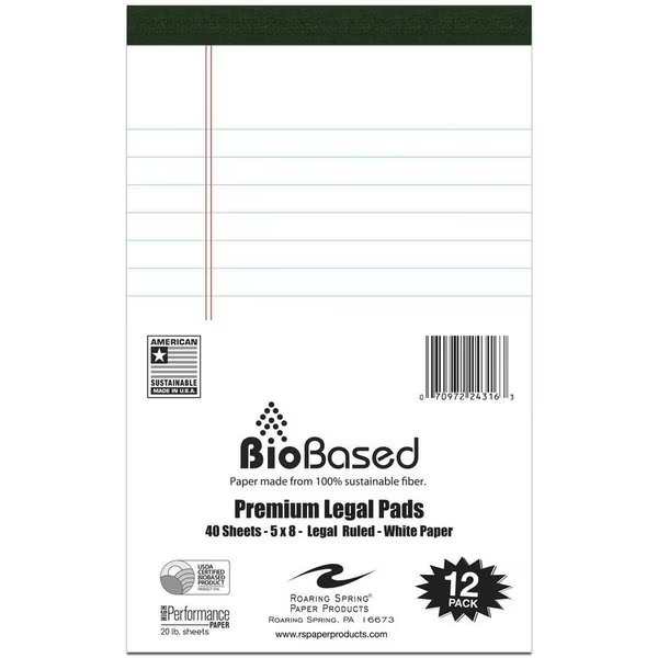 Legal Pad, 20 lb, 40-Sheet, Legal, 5"x8", 12/PK, White 12PK, Roaring Spring, Mfr#: ROA24316