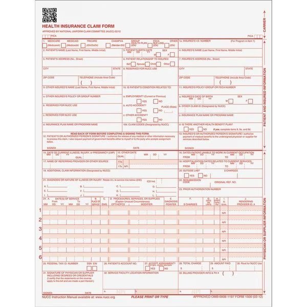 Laser Printer Claim Forms, CMS-1500, 1-Part, 9-1/2"x11", 500/PK 500PK, Tops, Mfr#: TOP50126RV