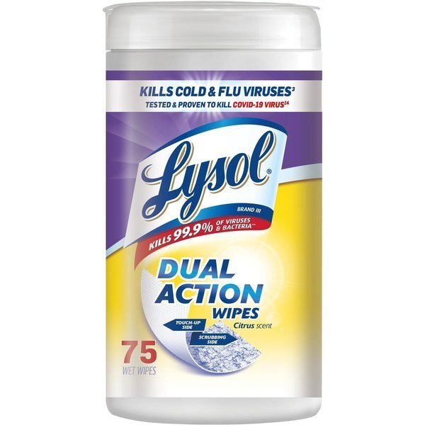 Dual Action Wipes, 7.25" W x 7" L Canister, Citrus, White/Purple, 75 PK, Lysol, Mfr#: RAC81700CT