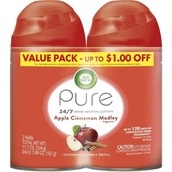 Air Wick Refill, 6.17oz., 2/Pack, Apple Cinnamon/Red, PK 6, Air Wick, Mfr#: RAC82680CT
