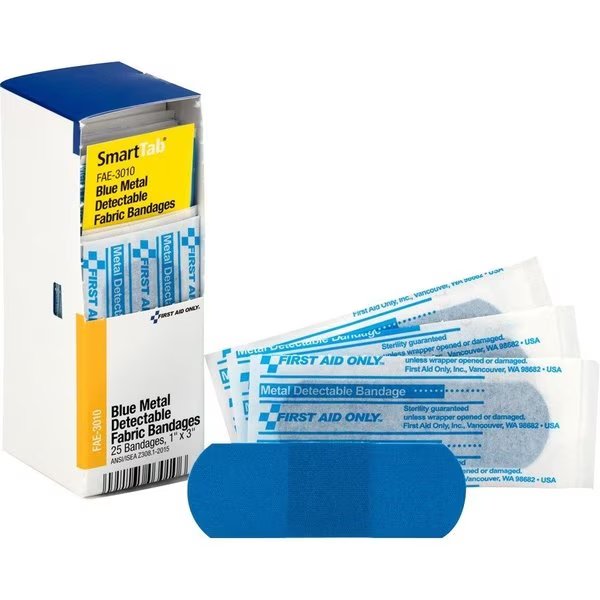 Metal-Detectable Bandages, 1"x3", Blue, First Aid Only, Mfr#: FAOFAE3010