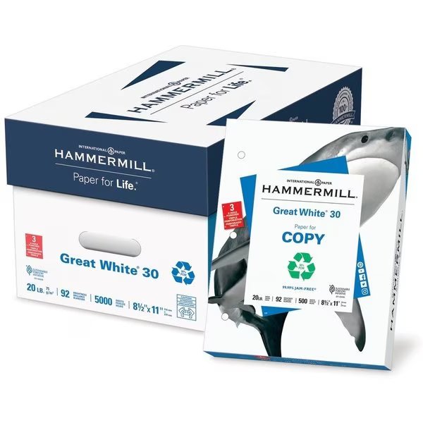 Hammermill Printer Paper, 20lb Great White 30, 3 Hole Punch, 92 Bright, 8.5x11, 10 Ream, 5000 Sheets, Hammermill, Mfr#: HAM86702