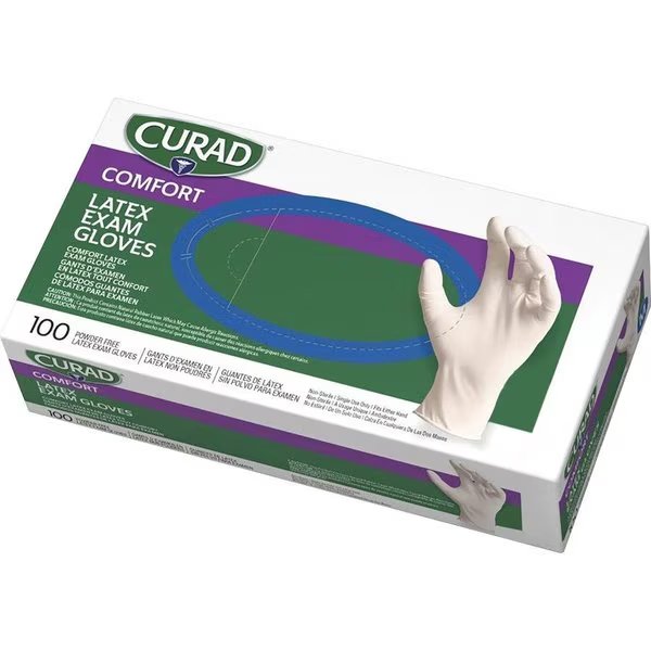 Latex Exam Gloves, 5.9 mil Palm, Latex, Powder-Free, PK, 100 PK, White, Curad, Mfr#: MIICUR8104