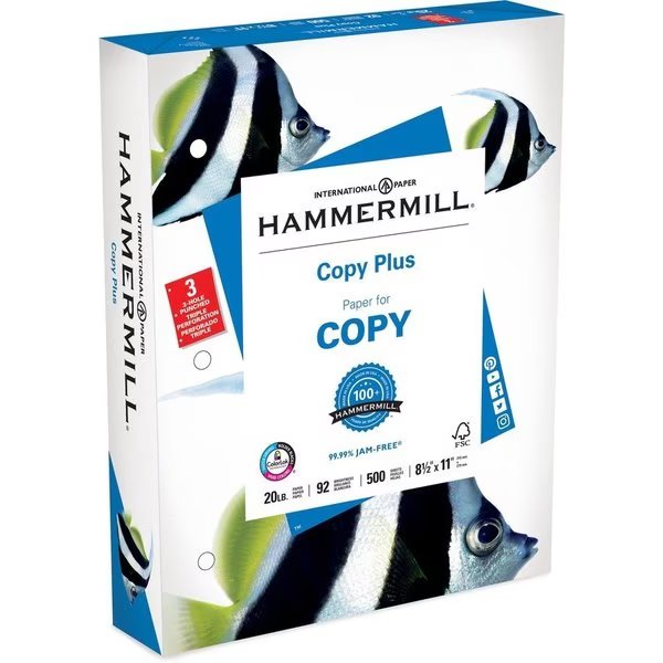 Hammermill Printer Paper, 20lb Copy Paper, 3 Hole Punch, 92 Bright, 8.5x11, 1 Ream, 500 Sheets, Hammermill, Mfr#: HAM105031
