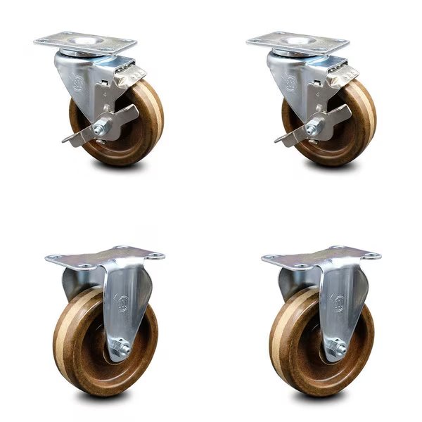 4 Inch High Temp Phenolic Wheel Swivel Top Plate Caster Set with 2 Brake 2 Rigid, Service Caster, Mfr#: SCC-20S414-PHSHT-TLB-TP3-2-R-2